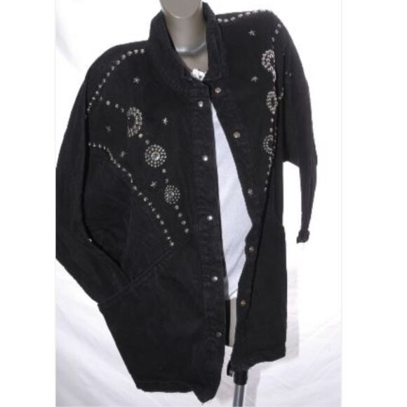OVERSIZE Denim JACKET STUDDED Vintage 80s  Jean Coat Batwing Cocoon Bedazzled L - Picture 2 of 6